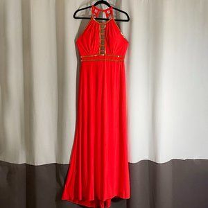 Red Beaded Halter Gown